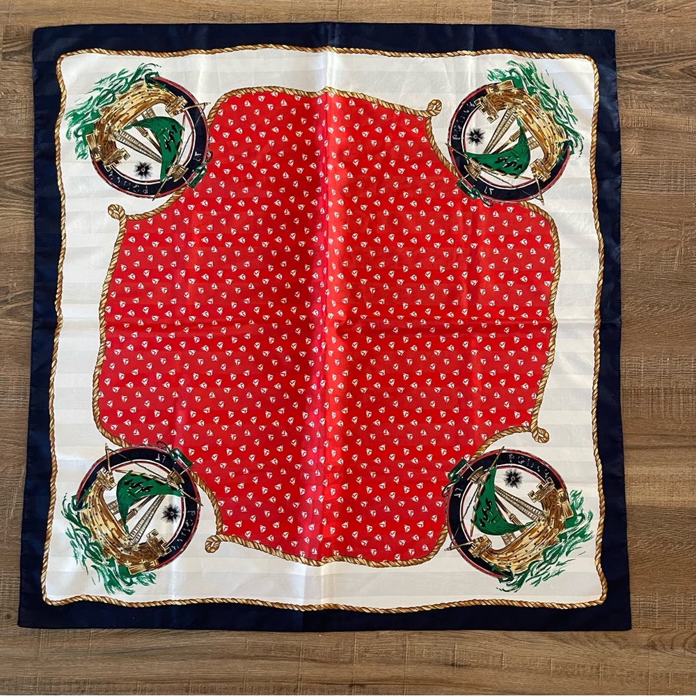 Vintage Satin Or Silk Blend Nautical Scarf | Red, White, and Navy Blue